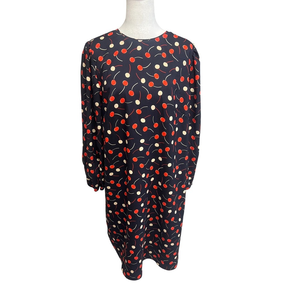 Retro Ann Taylor Cherry Dress Shift Long Sleeve Navy Red Sz L‎ Office Academia